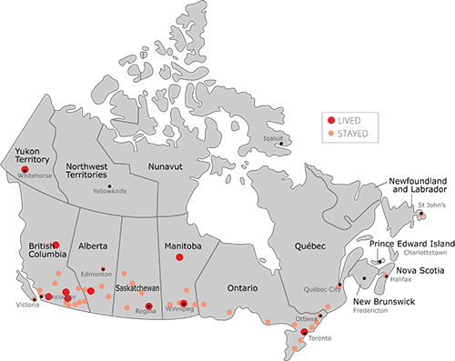 Places in Canada where we've lived and stayed